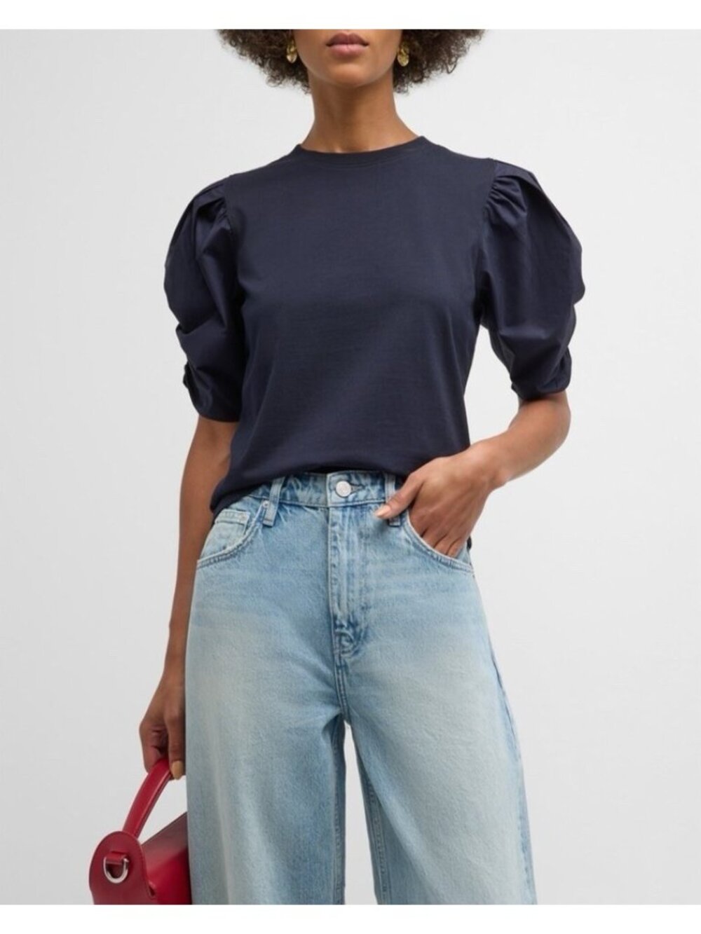 Frame Pleated Puff Sleeve Tee in Womens Navy S Read